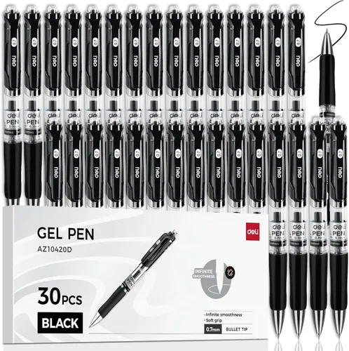 deli Bolígrafos de gel, 30 bolígrafos retráctiles de tinta negra, bolígrafo de punta media a granel de 0.028 in, escritura suave, secado rápido, no