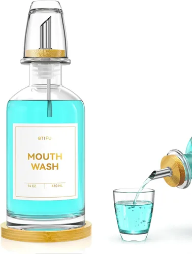 Miniatura 9 de Dispensador de enjuague bucal de vidrio para baño, botella de enjuague bucal recargable de 14 onzas con 2 tazas de vidrio y bandeja de bambú, Blanco