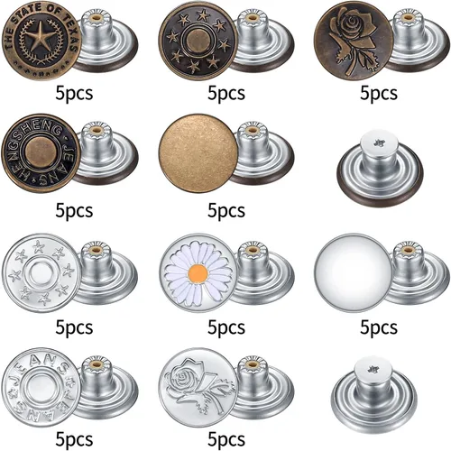 Miniatura 3 de Kit de 50 botones de mezclilla de repuesto, botones de mezclilla de metal de 0.67 pulgadas para pantalones, jeans y tirantes, 10 estilos