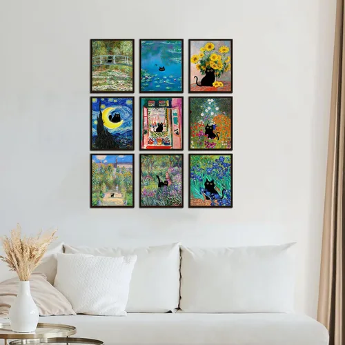 Miniatura 4 de Kizbok Juego de 9 carteles divertidos de gato negro, impresiones artísticas de pared de gato negro vintage de Monet Matisse Van Gogh, gatos negros