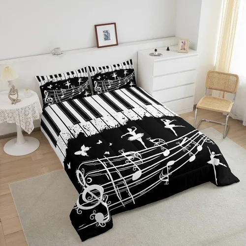 Miniatura 4 de Juego de ropa de cama con música de piano, tamaño matrimonial, juego de edredón de notas musicales en blanco y negro, 3 piezas, silueta de Multi 10