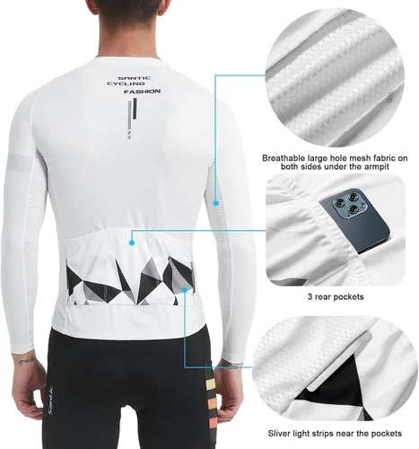 Miniatura 30 de Santic - Camiseta de ciclismo para hombre, manga larga, reflejante, cremallera completa, con bolsillos