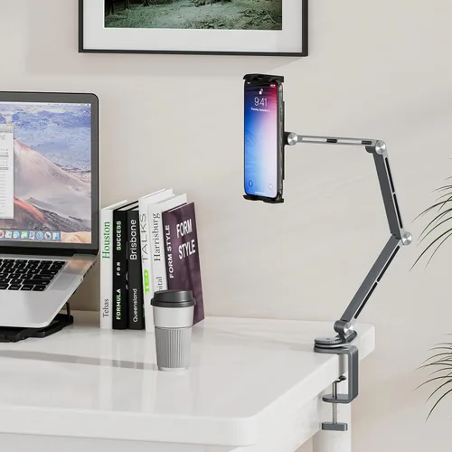 Miniatura 7 de Houele Soporte y Base para Tableta, Brazo Plegable Ajustable para Tableta iPad Soporte de Escritorio con Base Giratoria de 360°, Soporte para Gris