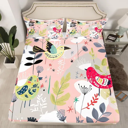 Miniatura 2 de Manfei Juego de sábanas de pájaros tamaño matrimonial, juego de ropa de cama floral de hojas botánicas para decoración de habitación de niños