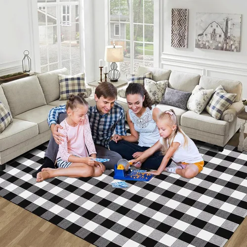 Miniatura 3 de Alfombra a cuadros en blanco y negro de 5.5 x 7.5 pies, alfombra de algodón tejida lavable para interiores y exteriores, comedor, dormitorio, sala