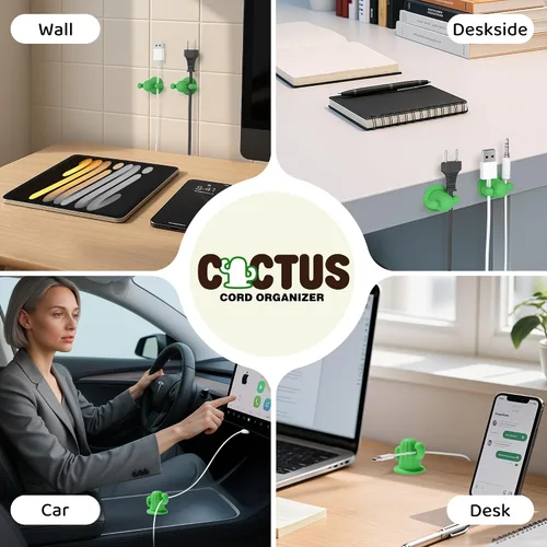 Miniatura 7 de ELETIUO Cactus - Organizador de cables de silicona con adhesivo fuerte, soporte universal para cables para escritorio, hogar, automóvil, organizador
