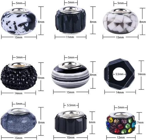 Miniatura 4 de Aipridy Surtido de cuentas europeas de agujeros grandes, cuentas espaciadoras de diamantes de imitación para manualidades, dijes, pulseras y Negro