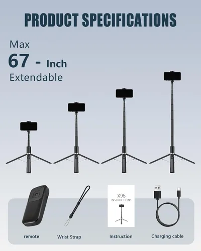 Miniatura 9 de Trípode automático para teléfono, 67 pulgadas de despliegue automático para selfie stick con control remoto, giratorio de 360°, extensible