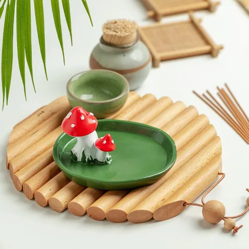 Miniatura 2 de Lindo soporte de incienso de hongos con 30 varillas de incienso, quemador de resina hecho a mano, bandeja de incienso con temática natural, Verde