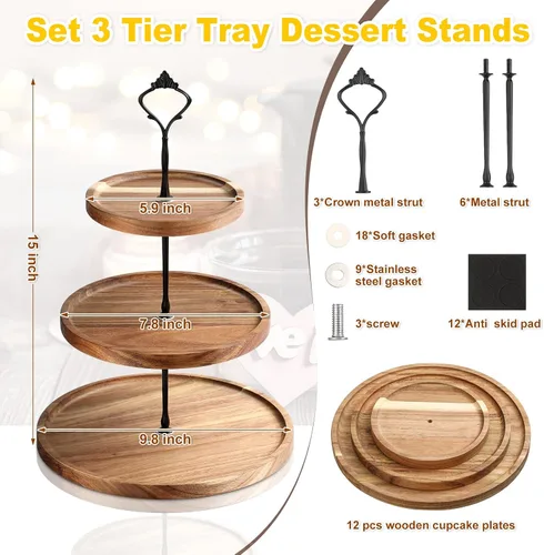 Miniatura 2 de Zopeal Juego de 3 soportes de madera para cupcakes de 3 niveles, bandeja de madera rústica para servir postres de granja, soporte para torre