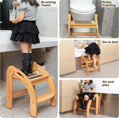 Miniatura 4 de StrongTek Taburete con pasamanos, taburete de seguridad, amplia superficie antideslizante, escalera de madera de 12 pulgadas para baño, cocina
