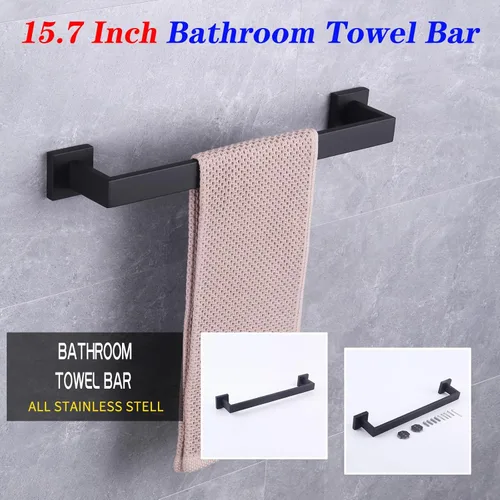 Miniatura 4 de GERZWY Barra de toalla de baño de acero inoxidable SUS 304 de 16 pulgadas, color negro mate, estilo moderno, montaje en pared FG160140-BK