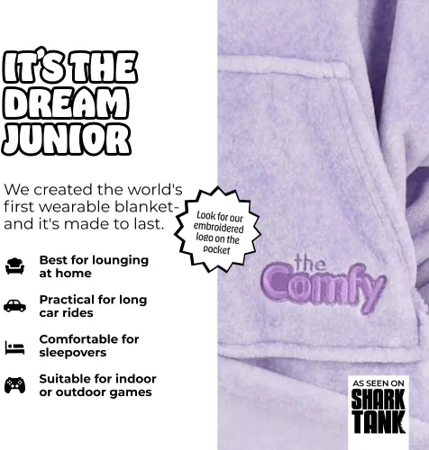 Miniatura 2 de THE COMFY Dream Jr para niños Manta portátil de forro polar de microfibra ligera con capucha y bolsillo Visto en Shark Tank Niños Heather Purple