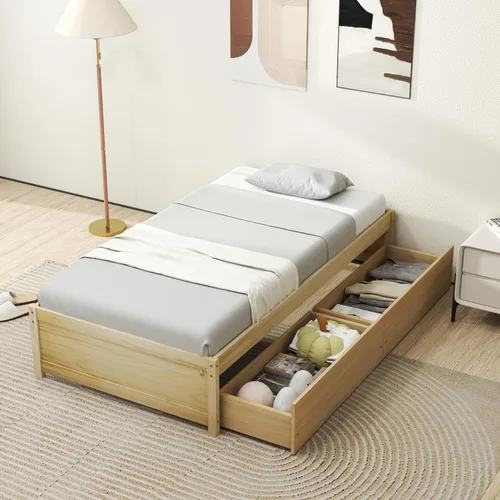 Miniatura 3 de Giantex Base de cama de plataforma de tamaño individual con 2 cajones de almacenamiento, marco de cama de madera maciza, base de colchón de soporte