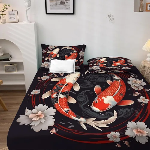 Miniatura 2 de Koi Fish Sábanas tamaño individual, sábanas japonesas con flores, sábanas y fundas de almohada estampadas de 3 piezas, sábana bajera ajustable