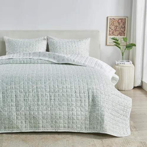 Miniatura 10 de Great Bay Home - Juego de colcha floral tamaño Full/Queen con fundas, juego de ropa de cama azul floral, para todas las estaciones, colcha ligera 06