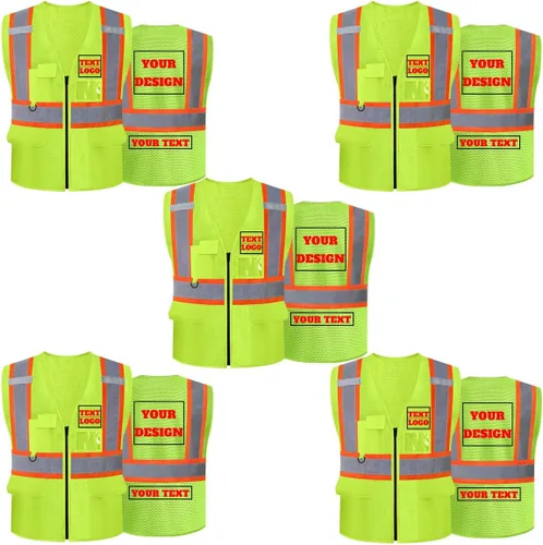 Miniatura 26 de Chaleco de seguridad reflectante de malla con logotipo personalizado Clase 2 con 5 bolsillos y cremallera Amarillo-5pack