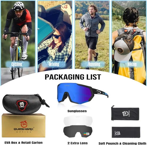 Miniatura 5 de Queshark - Gafas de ciclismo, lentes de sol deportivos para hombres y mujeres, 1 lente polarizada 2 HD, lentes de sol polarizados para ciclismo