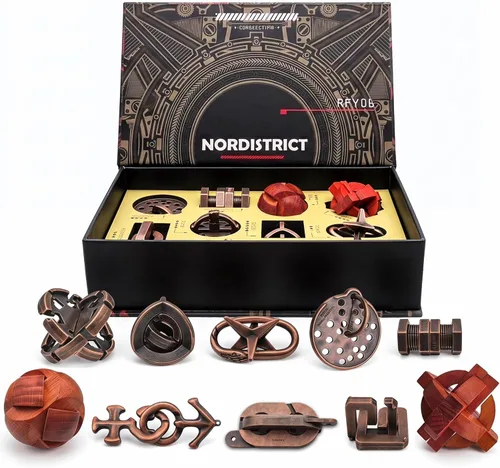 Juego de rompecabezas de madera de metal vintage de 10 piezas, juego de lógica de coeficiente intelectual 3D entrelazado con caja de regalo