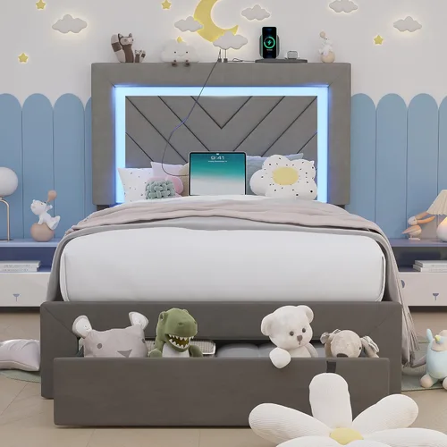 Miniatura 14 de Base de cama tamaño Queen con cabecera ajustable y cajón de almacenamiento, marco de cama tapizado Queen con luces LED RGB y estación de carga