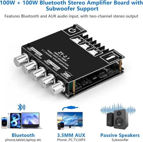 Miniatura 5 de Romicta Placa de amplificador Bluetooth 5.0 de 2.1 canales, subwoofer de alta fidelidad de 200 W, amplificador de audio con frecuencia agudos