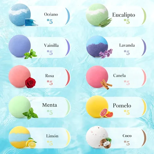 Miniatura 3 de TranquilBliss Juego de 50 bombas de baño con 10 aromas ricos, bombas de baño para mujeres, bombas de burbujas naturales con manteca de karité y Azul