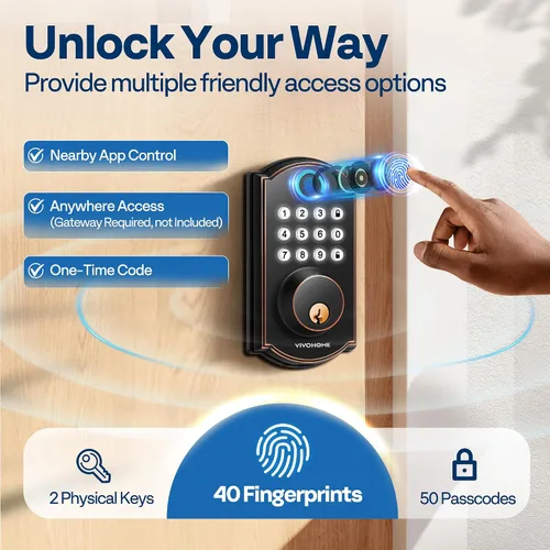 Miniatura 4 de VIVOHOME Cerradura inteligente para puerta principal, cerradura de puerta de entrada sin llave con huella dactilar, control remoto de aplicación