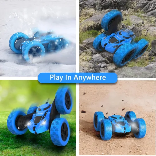 Miniatura 6 de Hamdol Auto de control remoto para niños, auto de acrobacias RC giratorio de 360°, vehículo eléctrico 4WD de doble cara con luces LED, autos de Azul