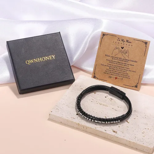 Miniatura 6 de Pulseras para hombre con código morse para hombre, pulsera de cuero con texto en inglés «I Love You», regalo de joyería para hombre y hombre