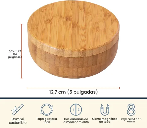 Miniatura 7 de Totally Bamboo Salt Keeper Duet - Salero de bambú con compartimentos duales para sal y pimienta o especias, tapas giratorias magnéticas, caja de sal