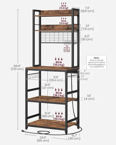 Miniatura 3 de VASAGLE Estante de panadería con toma de corriente, soporte para microondas, estante de almacenamiento alto de cocina, con panel de alambre
