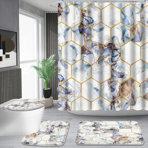 Miniatura 21 de Poedist Juego de 4 cortinas de ducha de baño, juegos de baño con alfombras (tapete de baño, forma de U y tapa de inodoro) y 12 ganchos, mármol