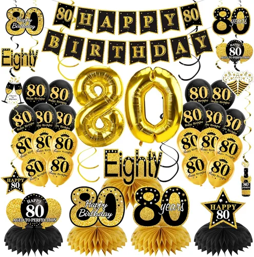 Turypaty Kit de 36 decoraciones de cumpleaños número 80 para hombres y mujeres, globos de feliz cumpleaños de 80 años, globos de panal de abeja, Oro