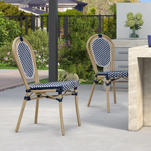Miniatura 49 de PURPLE LEAF Juego de 1 silla de comedor al aire libre, marco de aluminio francés en acabado de bambú con ratán tejido ámbar y blanco para cocina