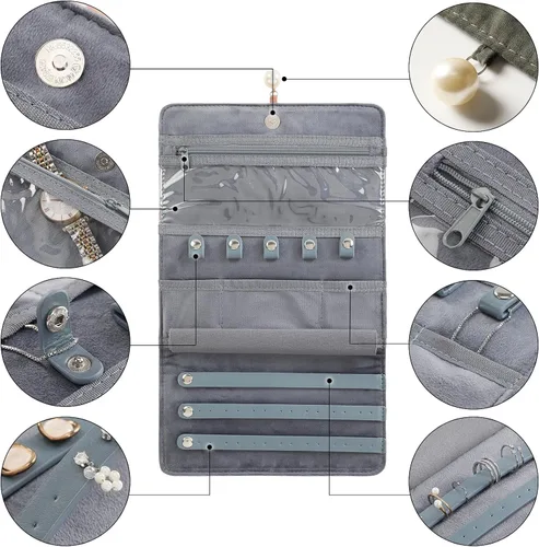 Miniatura 5 de HOMEHIVE Rollo organizador de joyas de viaje plegable, exquisito organizador de joyas portátil para collares de viaje, anillos, aretes, relojes