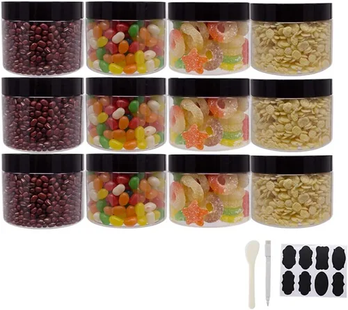 zmybcpack Tarros de plástico con tapas, etiquetas adicionales, 1 bolígrafo, tarro transparente con sello de PET para almacenamiento de alimentos,