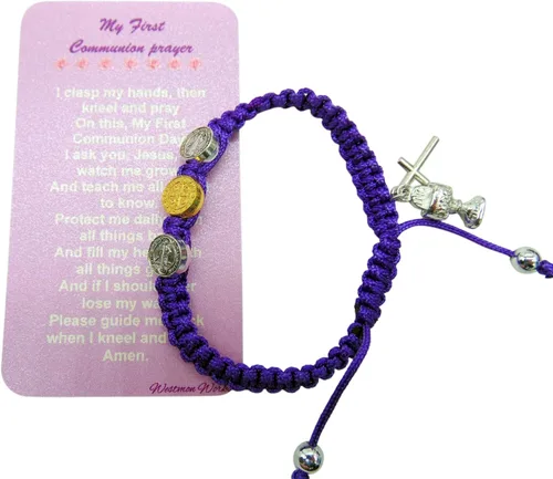 Miniatura 4 de Westmon Works Juego de pulseras para la primera comunión para niñas, color morado, con dijes de San Benito, macramé, ajustable, accesorios