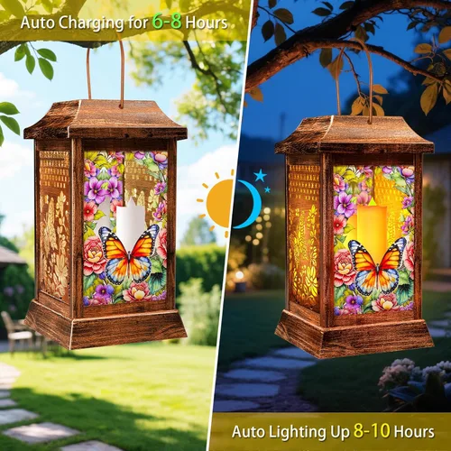 Miniatura 7 de Linternas solares de mariposa al aire libre impermeables, luces colgantes de metal y vidrio para decoración de jardín, regalos de cumpleaños