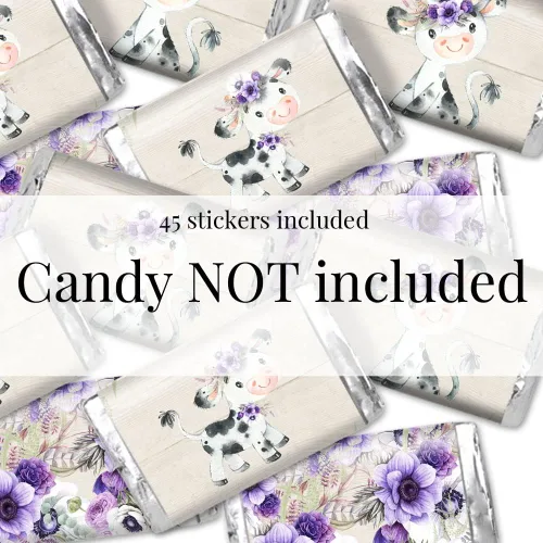Miniatura 3 de Amanda Creation Acuarela Purple Cow Baby Shower Baby Shower Mini Chocolate Candy Bar Wrappers Wrappers Envoltura de 45 etiquetas envolventes de 1.4