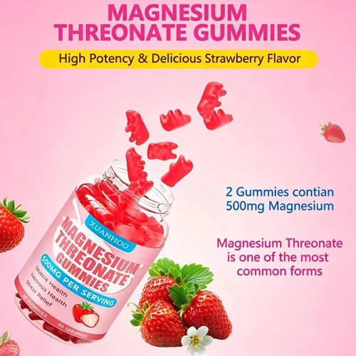Miniatura 5 de Gomitas de treonato de magnesio, suplemento de magnesio, sabor a fresa, 60gomitas, 250 mg de magnesio por gomita, salud muscular y nerviosa, alivio