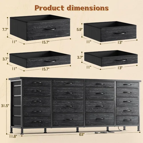 Miniatura 3 de EnHomee - Soporte de TV negro de 63 pulgadas de ancho para sala de estar, 18 cajones, LED y carga Long Dresser for 65"-75" TV, Deep Drawer