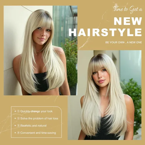 Miniatura 6 de PARK YUN 27IN Cool Ash Platinum Blonde Straight Wig with Bangs Long Layered Synthetic Wig Shadow Root Light Beige Blonde Hair Heat Resistant Natural