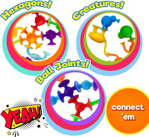 Miniatura 5 de JA-RU Apiladores de succión con ventosa (1 paquete, 9 piezas) de forma hexagonal, rótulas y criaturas Juguetes de baño de succión para niños. Juego