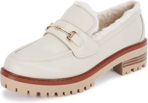 VETASTE Mocasines clásicos de tacón grueso con plataforma y suela de lengüeta para mujer, con puntera redonda, zapatos Oxford con cadena de metal