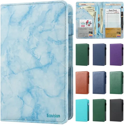 Miniatura 35 de Libreta de mesera para camarera, organizador de cuero con bolsillo con cremallera, folleto para personal de restaurante, soporte para cheques de Café