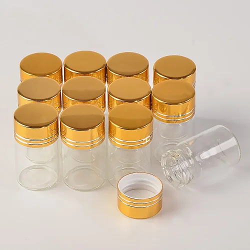 Miniatura 9 de 24 botellas de cristal de 0.2 fl oz con tapas de rosca de aluminio dorado vacías aceite esencial azafrán píldora polvo líquido joyería frascos