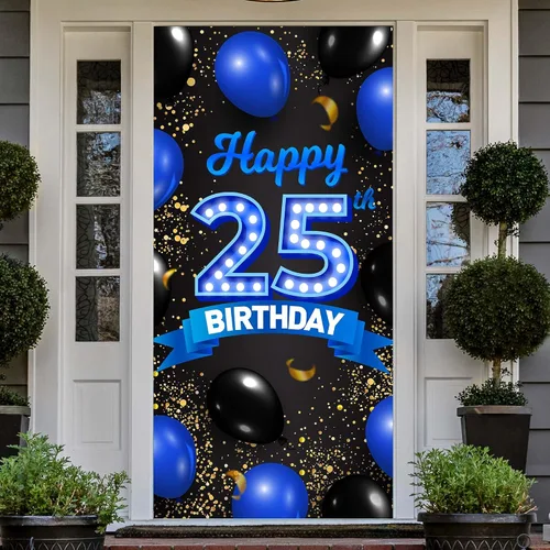 Cartel de feliz cumpleaños 25 color azul y negro, decoración temática de globos de confeti para mujeres de 25 años, suministros de cumpleaños,