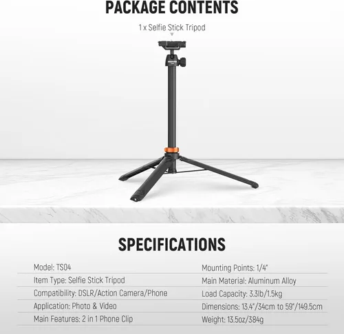 Miniatura 8 de NEEWER Basics Trípode selfie stick de 150 cm compatible con iPhone, cámara DLSR, Canon, Sony, pequeño soporte de mesa de metal portátil