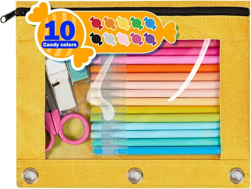 Miniatura 18 de Forvencer Estuche para lápices de 3 anillas, estuche transparente con cremallera suave, bolsa de lápices de gran capacidad con 3 ojales reforzados