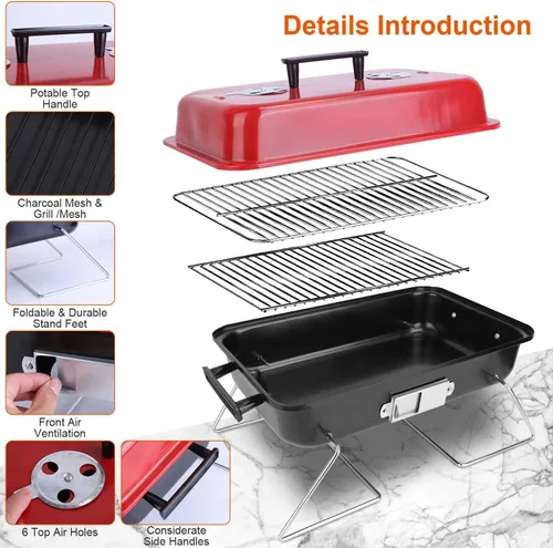 Miniatura 4 de TeqHome Parrilla de carbón portátil con tapa, parrilla de barbacoa de mesa mejorada para exteriores, parrilla plegable para cocinar al aire libre